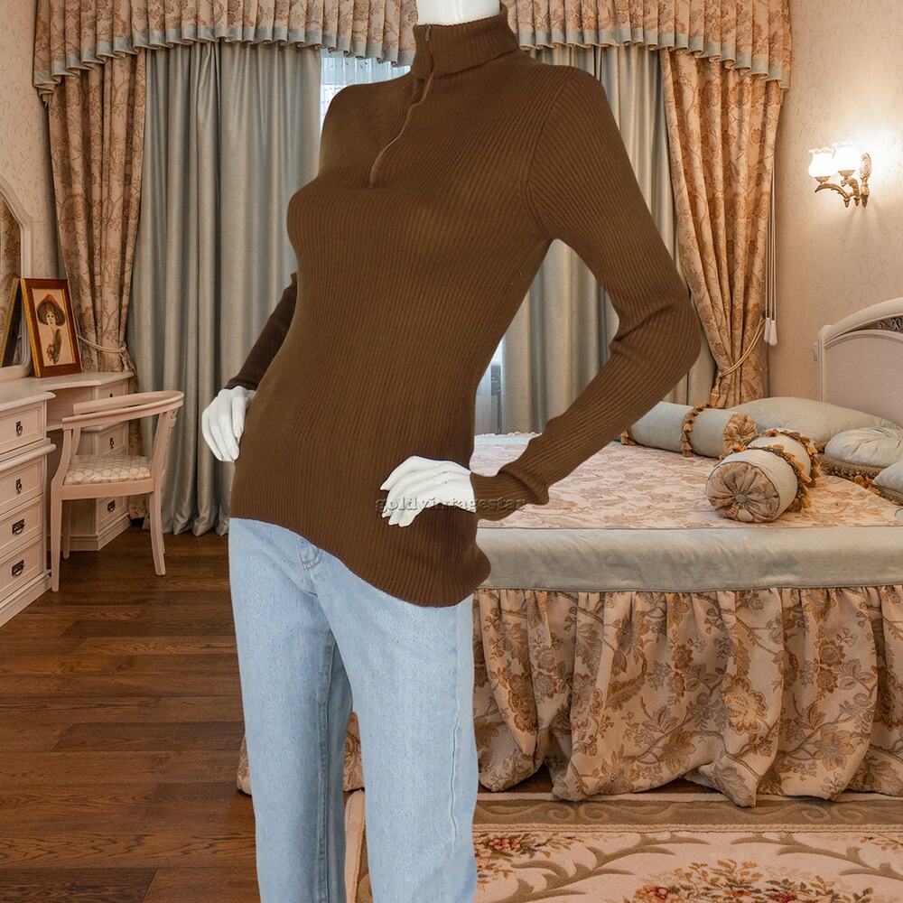 Chic 80s Vintage V-Neck Ribbed Turtleneck Pullover XS